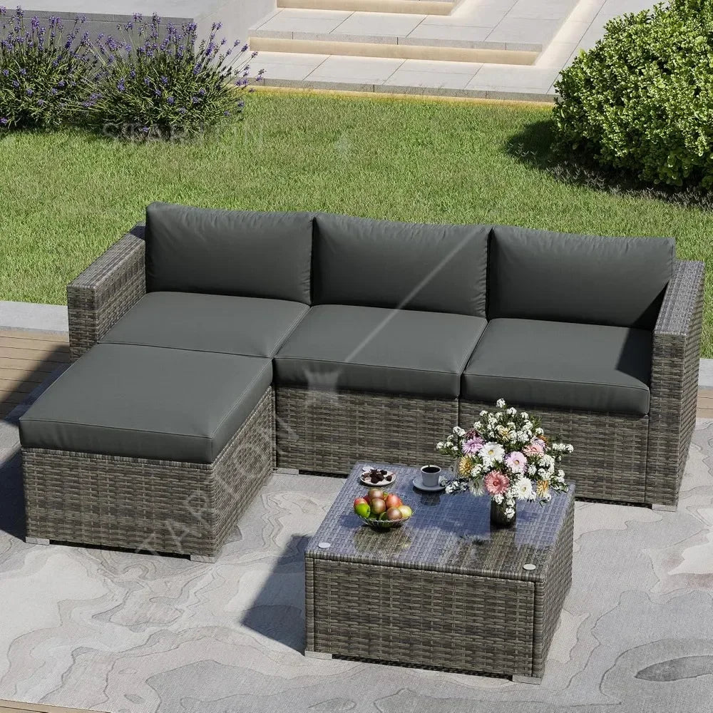 Five Piece Patio Set, Weather Resistant Rattan Sectional, Waterproof UV Protected Design, For Balcony And Garden Use