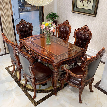 European-style all-solid wood dining table and chairs, living room, luxury villa home square table, French glass dining table, A