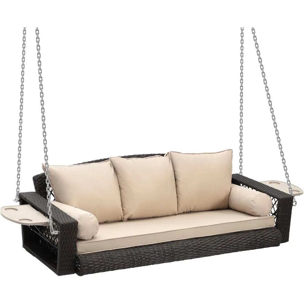 3 Person Porch Swing Patio Wicker Hanging Porch Swing Chair Outdoor Rattan Swing Bench with Cushion and Pillow for Garden, Yard