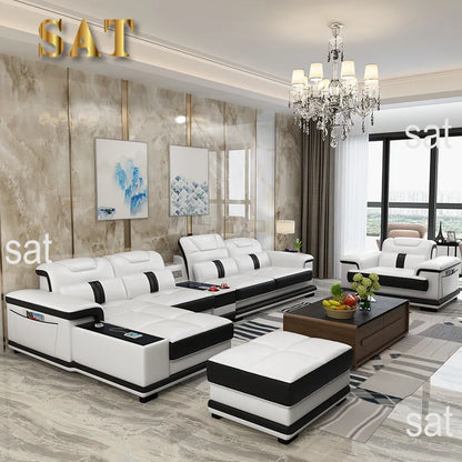 for Modern Living Room Sofas L Shape Corner Italian Genuine Leather Couch with Speake,Radio,USB, Bluetooth, Cup Holder