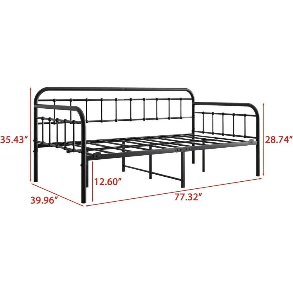 Metal Daybed Frame Twin Size with Steel Slats Platform Furniture Black