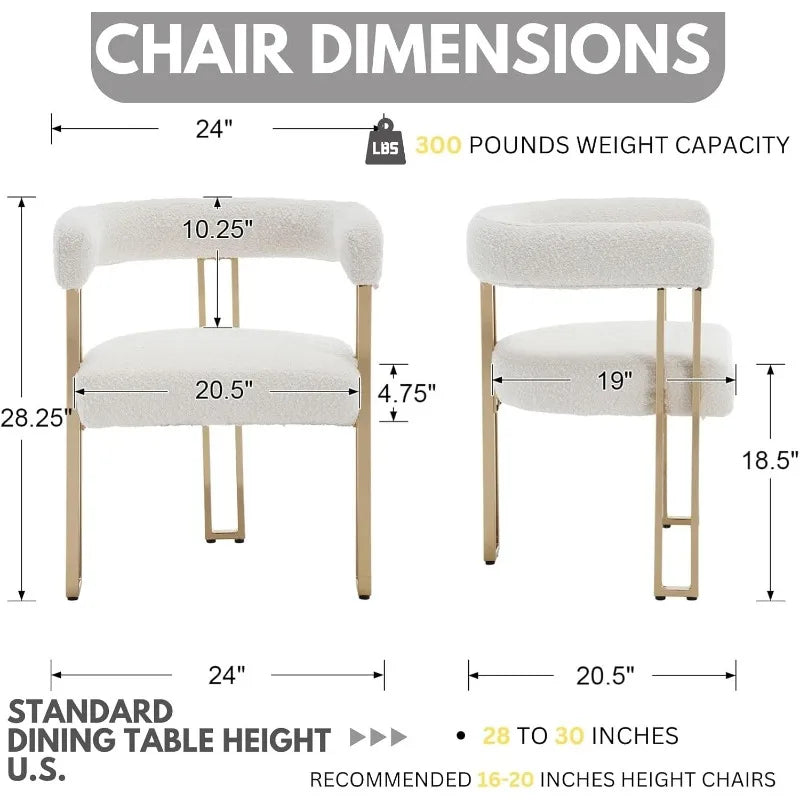 Set of 4 Barrel Dining Chairs, White Boucle Dining Room Chairs, Glam Side Chairs with Arms and Gold Chrome Legs, Sherpa Modern K