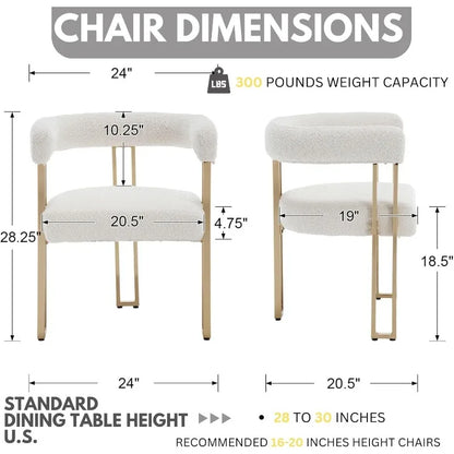 Set of 4 Barrel Dining Chairs, White Boucle Dining Room Chairs, Glam Side Chairs with Arms and Gold Chrome Legs, Sherpa Modern K