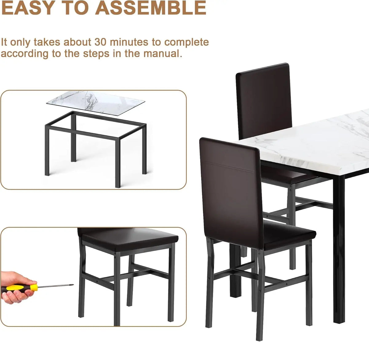 Modern Kitchen & Dining Room Sets Faux Marble Table with 4 Leather Chairs for Small Space, Home Kitchen, Apartment, White