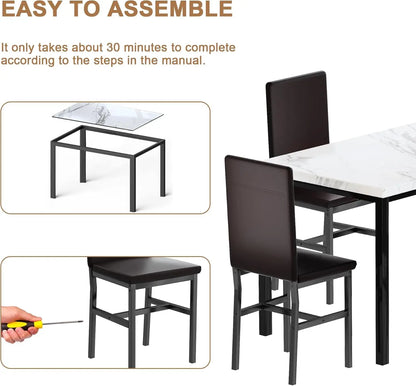 Modern Kitchen & Dining Room Sets Faux Marble Table with 4 Leather Chairs for Small Space, Home Kitchen, Apartment, White