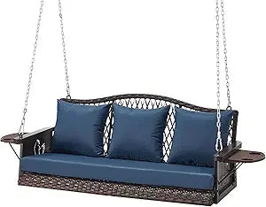 Upgraded Wicker Hanging Porch Swing, Heavy Duty 900 LBS 3-Seat Outdoor Patio Swing Chair Bench, for Adult w/ 8.9ft Hanging Chain