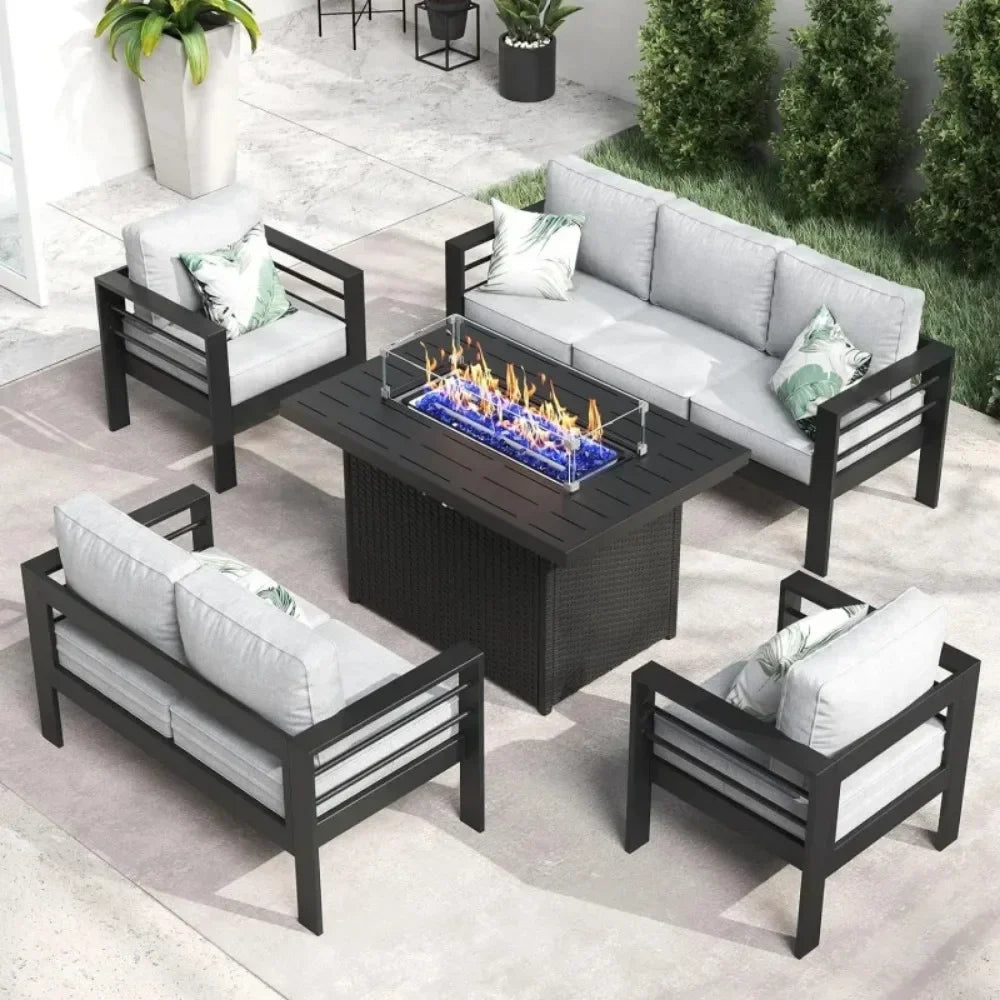 Furniture Set with Fire Pit Table 5 Piece Patio Modular Conversation Chat Sofa Modern Seating Set