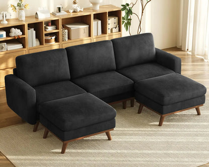 97" L-Shape Modular Sofa, 3-Seat Corduroy Couch with Movable Ottoman, Sectional Sofa for Living Room, Green, Customized