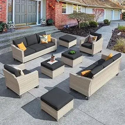 Wicker Patio Furniture Set Modern Outdoor Conversation  Sofa with Cushion and Ottomans for Garden, Poolside, Backyard