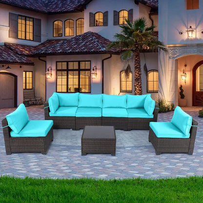 7-Piece Rattan Outdoor Patio Furniture Set with Manual Woven Wicker Sectional and Tea Table