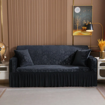Luxury 1/2/3/4 Seater Slipcover with Elegant Skirt Solid Color Thickened Crystal Velvet Jacquard European Full Cover Non-Slip