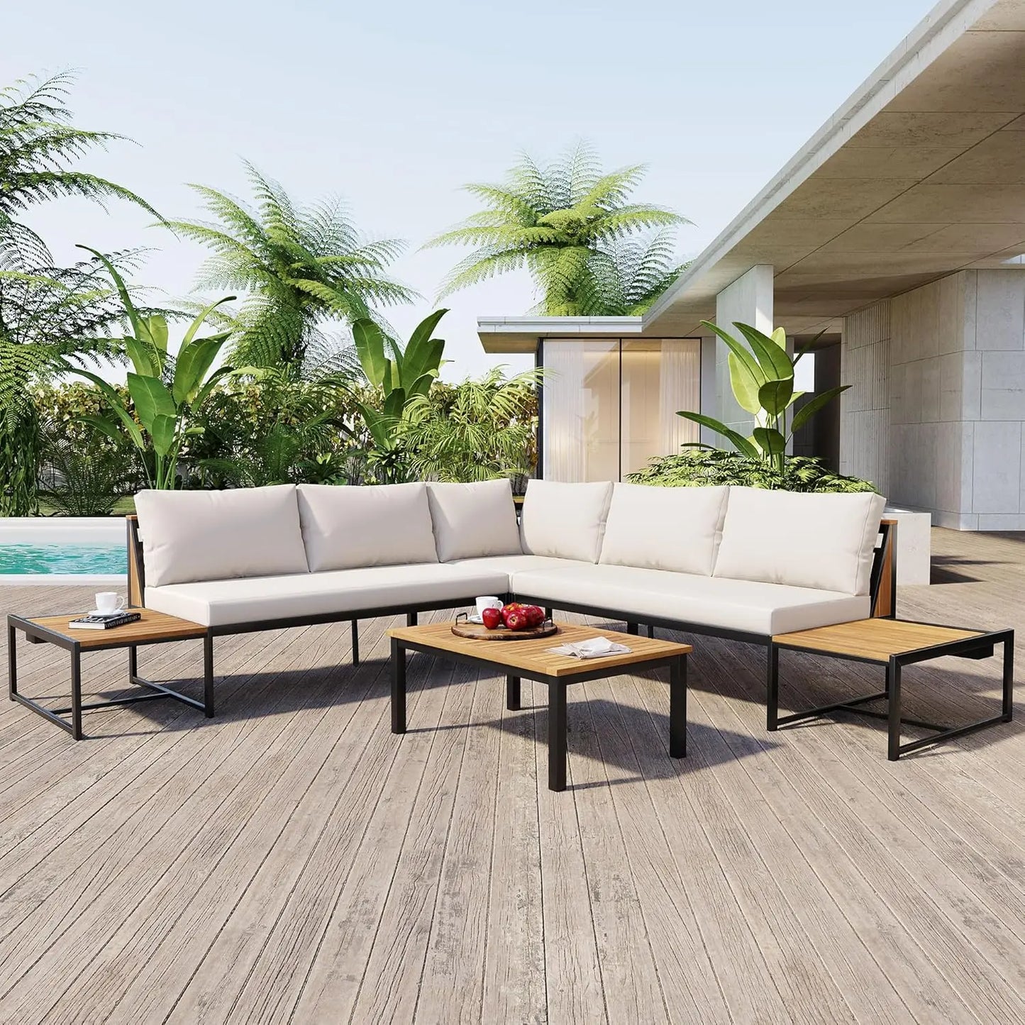 Modern L-Shaped Outdoor Conservation Sofa Set with Coffee Table, Acacia Wood Patio Sectional Sofa for Gardens,, Customized
