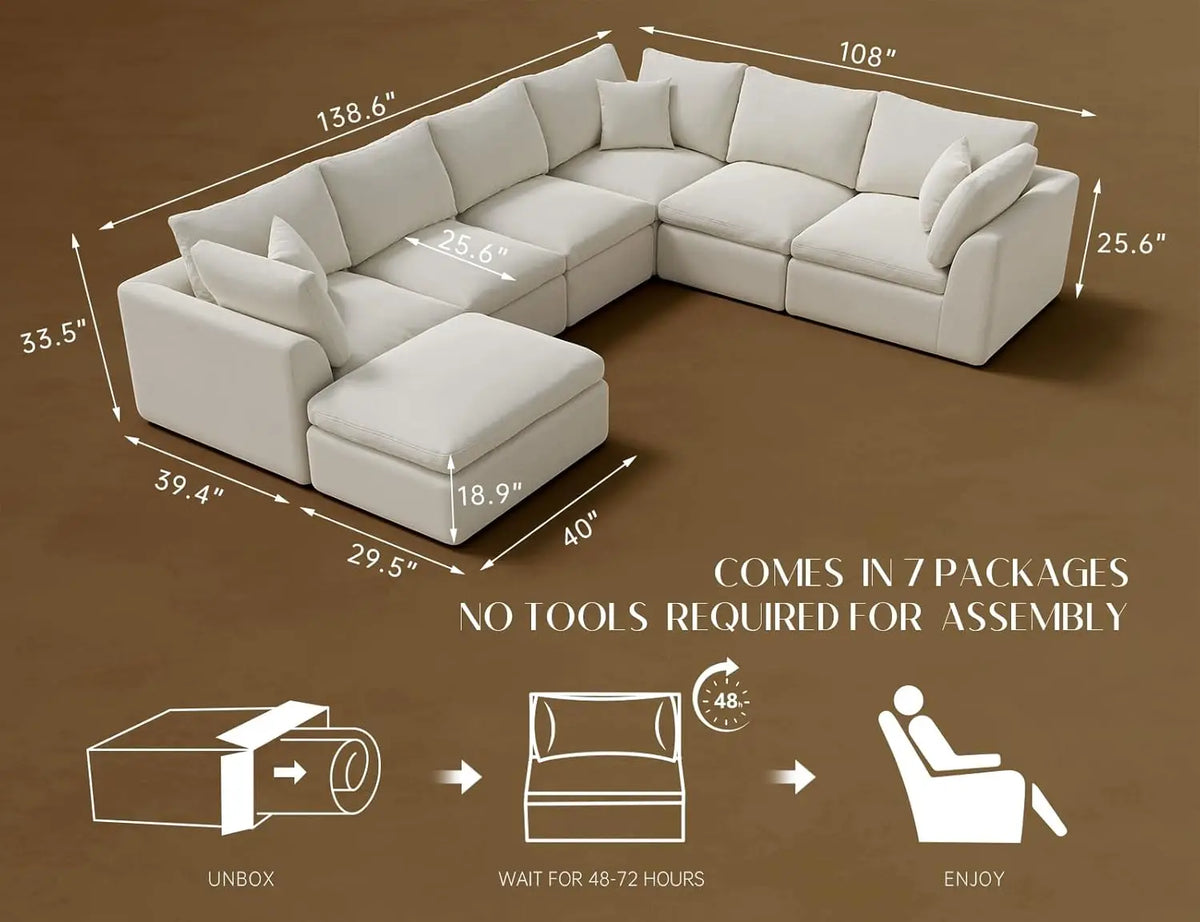 Oversized Cloud Couches for Living Room, Convertible Sectional Couch with Ottoman, 7 Seater Large Modular Sectional Sofa