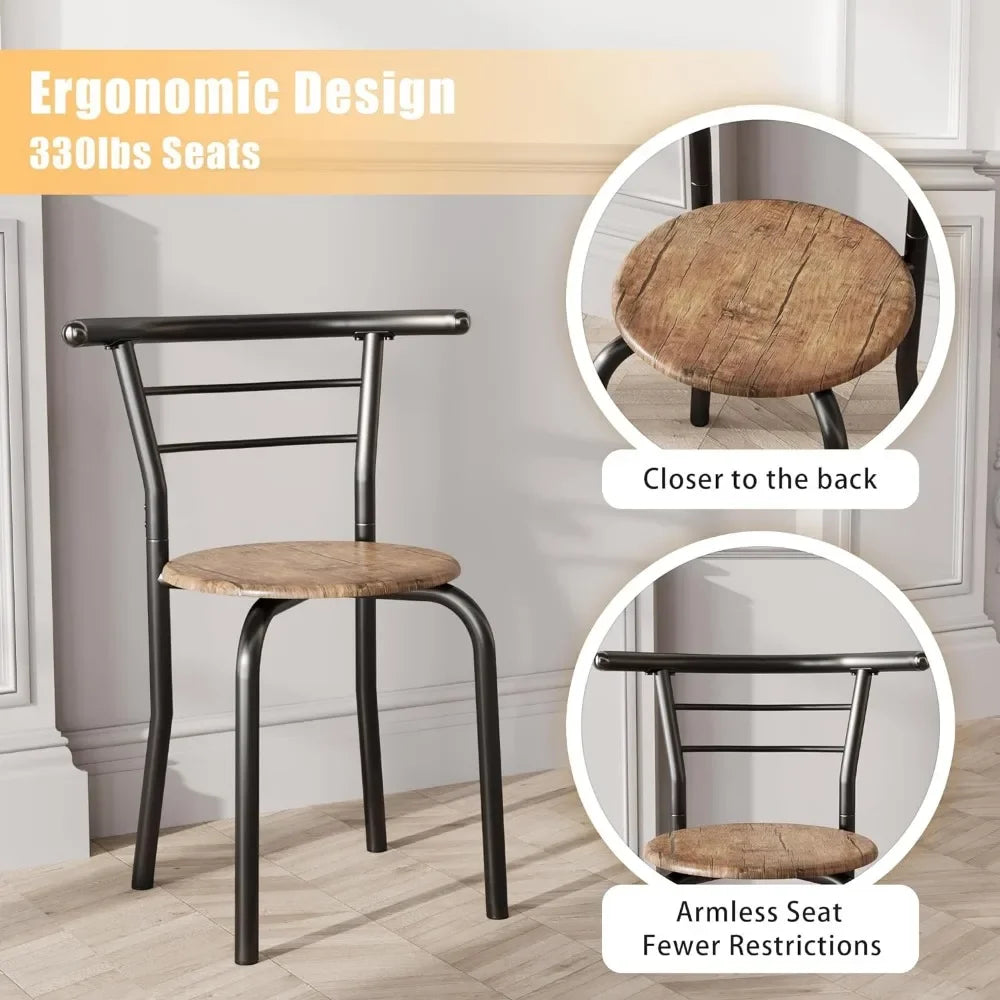 3Piece Wooden Round Table&Chair Set,Space Saving Wood Grain Tabletop with Metal Frame Built for Kitchen,Dining Room(Brown/Black)