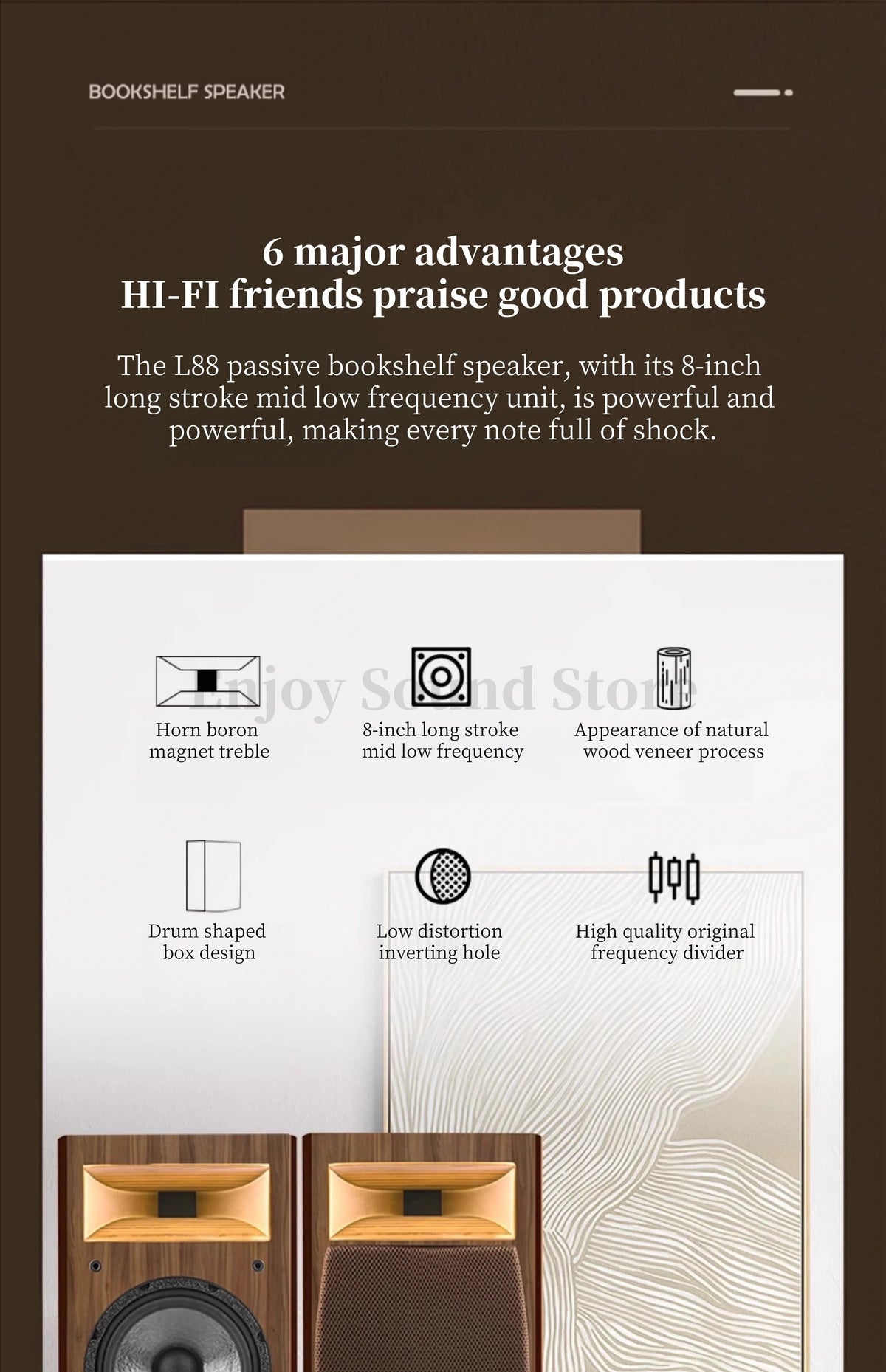 A-1529 8 Inch Two Way HiFi Fever Bookshelf Passive Horn Wooden Box Boron Magnet High pitched Speaker 110W 8Ohm