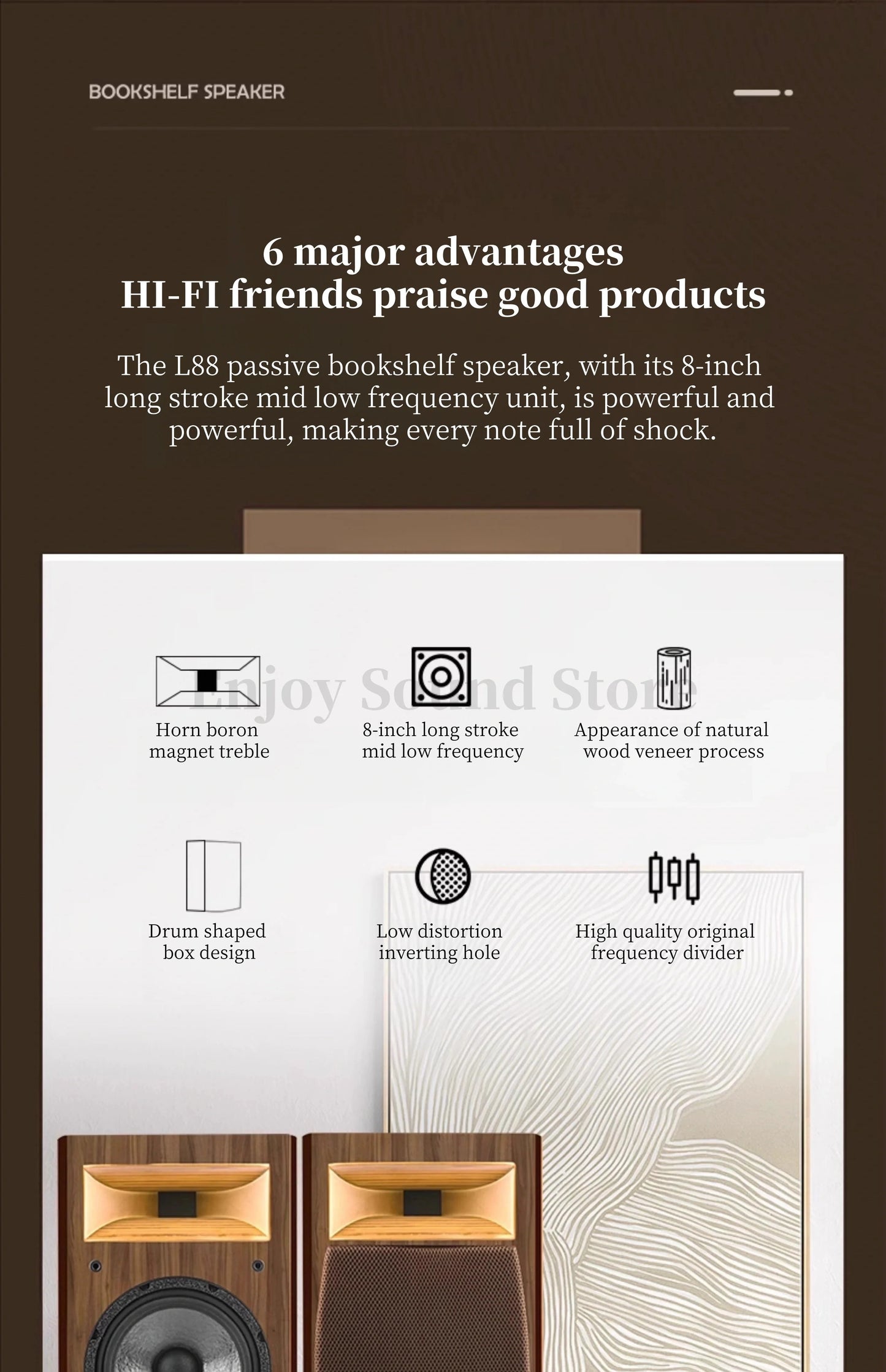 A-1529 8 Inch Two Way HiFi Fever Bookshelf Passive Horn Wooden Box Boron Magnet High pitched Speaker 110W 8Ohm