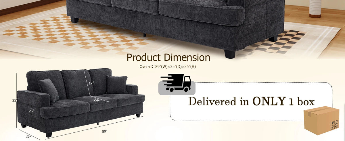 89 Inch 3 Seater Chenille Upholstered Couch Plush Deep Seat Cloud Sofa Gray Soft Upholstered Furniture for Living Room Bedroom Apartment Office Small Space