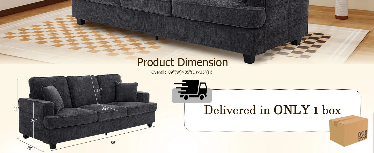 89 Inch 3 Seater Chenille Upholstered Couch Plush Deep Seat Cloud Sofa Gray Soft Upholstered Furniture for Living Room Bedroom Apartment Office Small Space