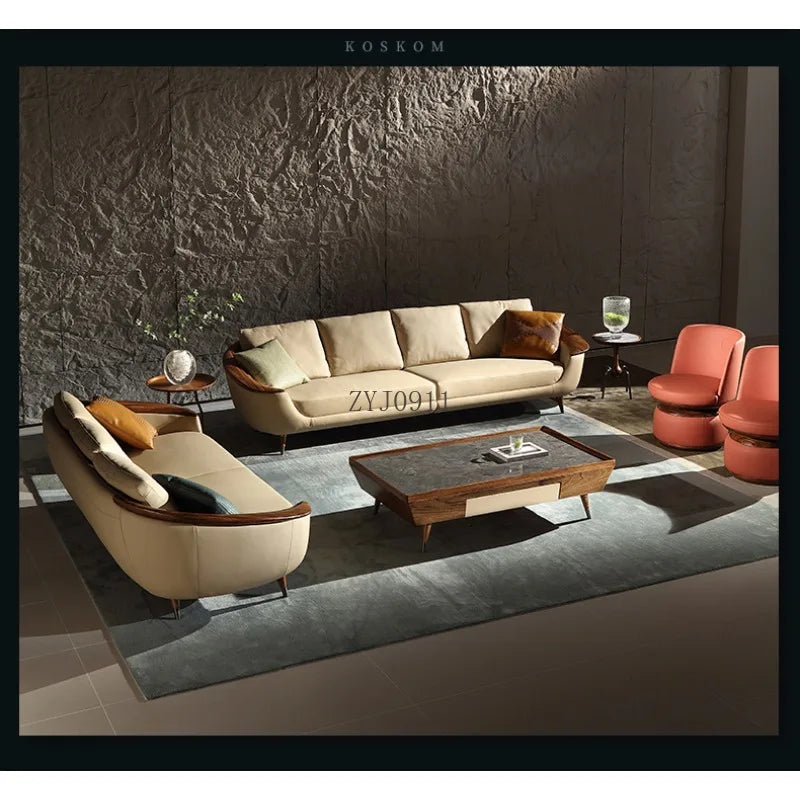 Nordic light luxury ebony leather sofa combination small apartment living room modern simple solid wood furniture