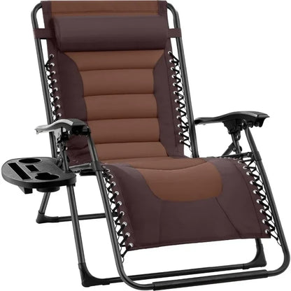v Oversized Padded Zero Gravity Chair, Folding Outdoor Patio Recliner, XL Anti Gravity Lounger for Backyard w/Headrest, Cup Hold