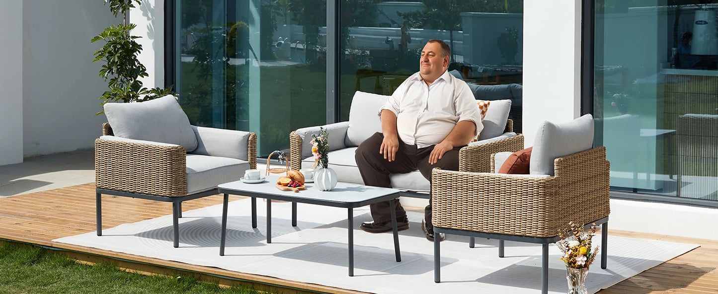 4-Piece Wicker Patio Furniture Set, All-Weather Rounded Rattan Conversation Set Sectional Sofa with 5'' Thick Cushions