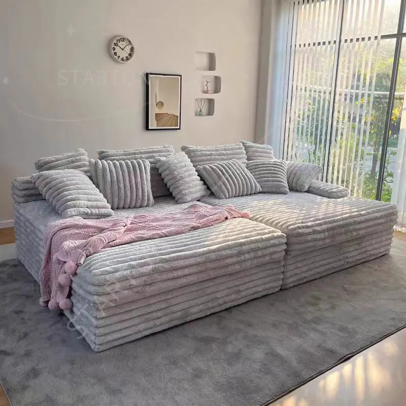 Modern Luxury Dove Gray Cord Fabric Comfy Cinema Sleeper Sofa Couch Double Chaise Lounge for Home Living Room