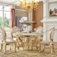 European white ice jade marble gold round dining table and chair combination European luxury solid wood dining table