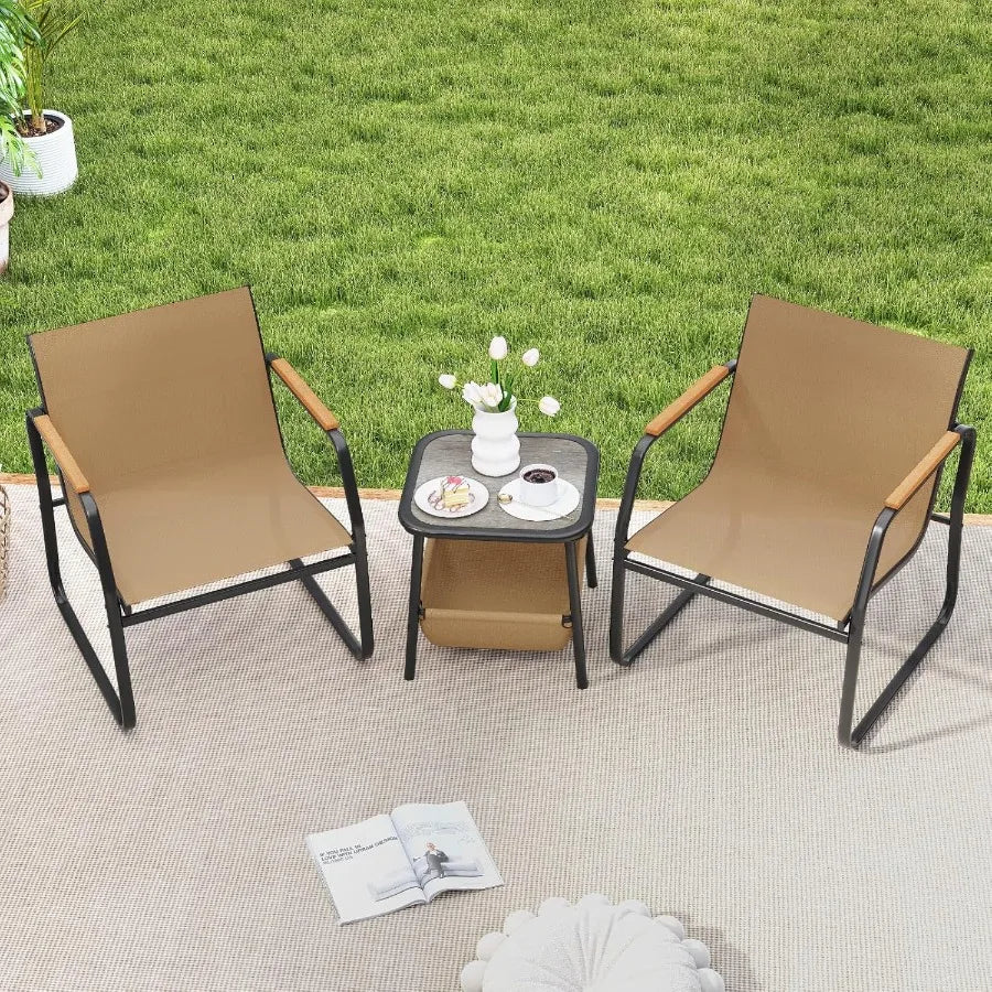 3 Pieces Patio Furniture Set Outdoor Bistro Conversation Set with Breathable Mesh Fabric and Metal Frame Front Porch T