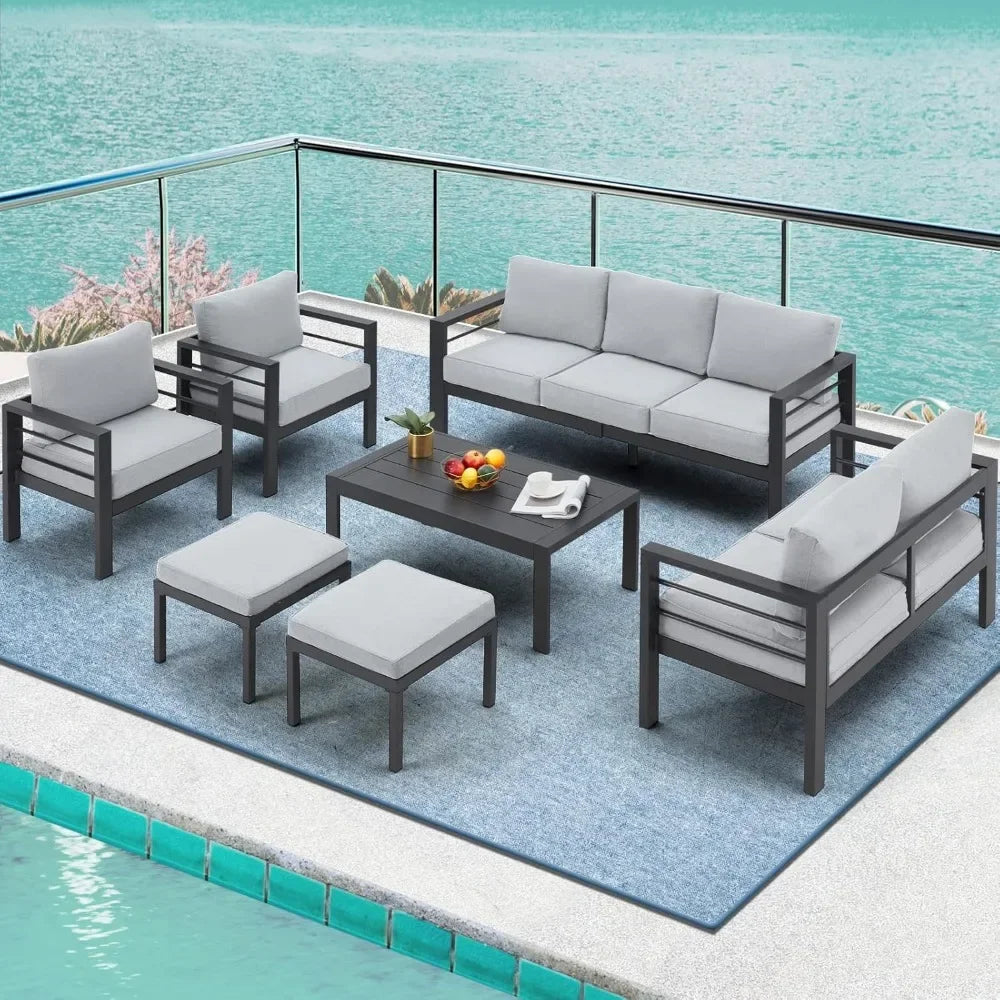 Aluminium modern patio furniture with coffee table, 7-piece outdoor conversation set, dark grey cushions, suitable for balcony