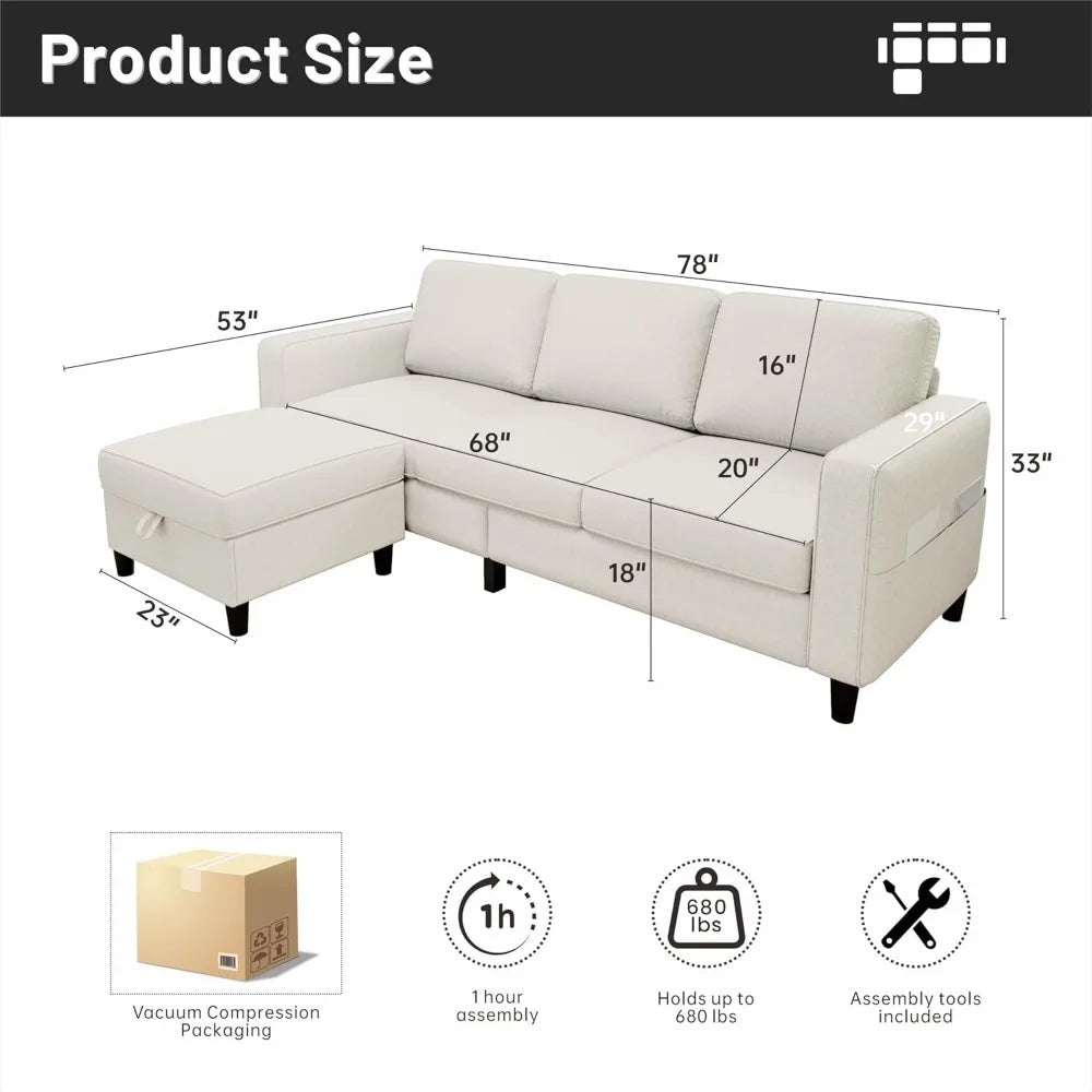 78 L-Shaped Beige Linen Pet-Friendly Modular 3-Seater Convertible Sofa for Living Room