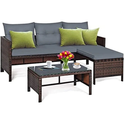 Patio Corner Sofa Set 3-Piece Outdoor Conversation Furniture in Grey with Lounge Chair Double Chair and Coffee Table fo