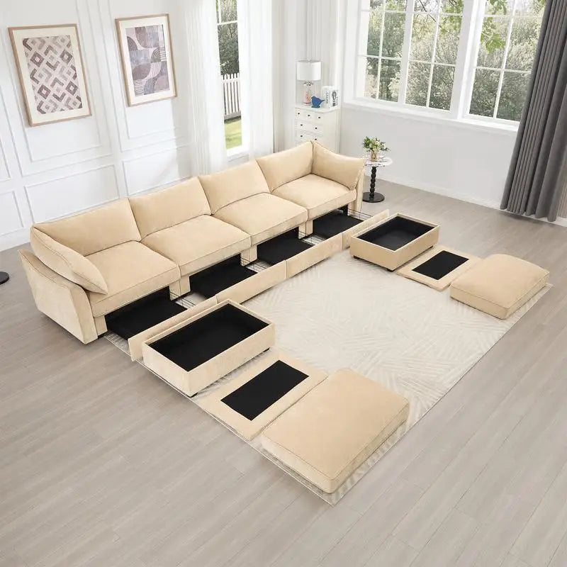 U-Shaped 4-Seat Deep Seat Sofa Couch with 2 Movable Ottomans, Oversized Modular Sectional Sofa with Storage Drawers Under Each