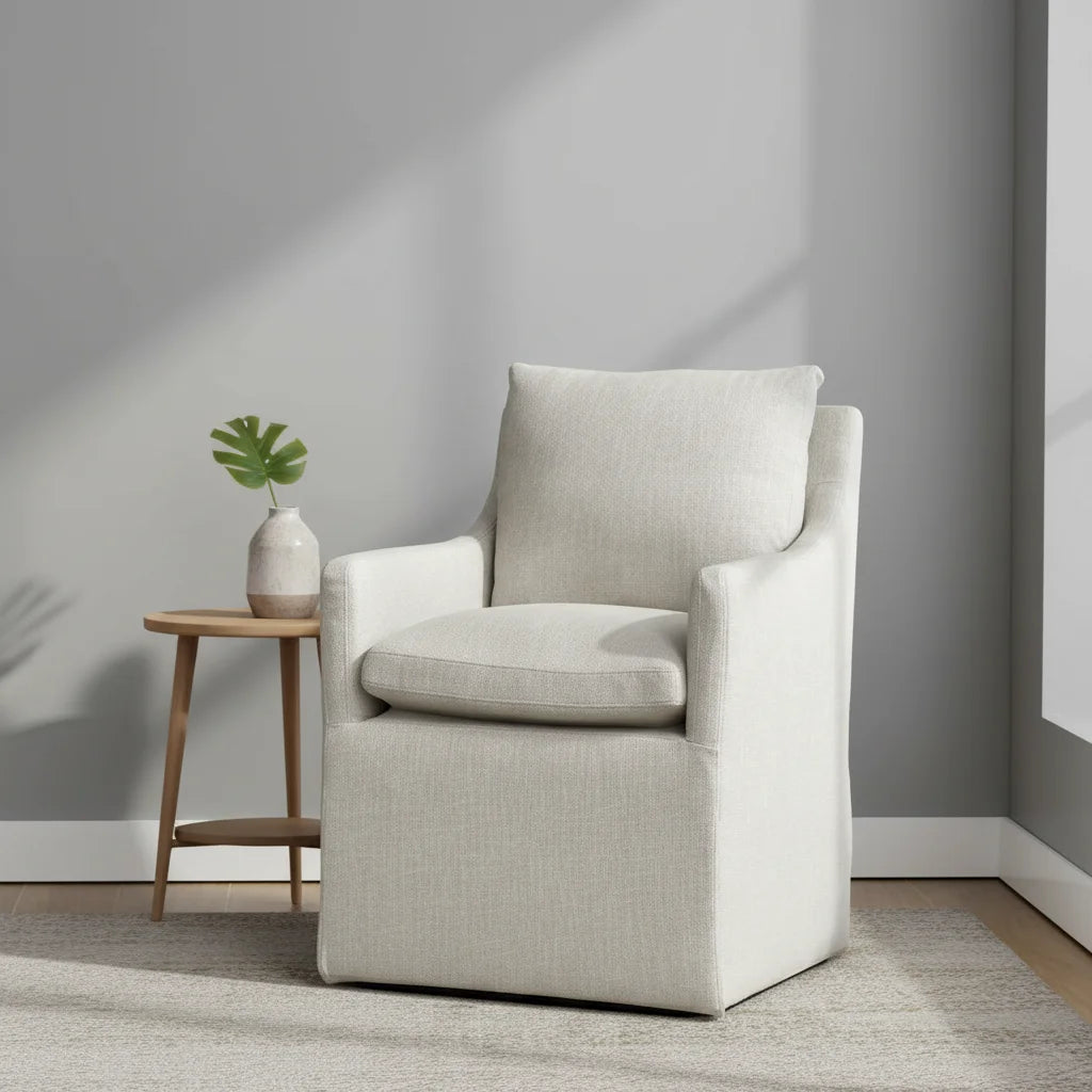 Linen Upholstered Dining Chair with 4 Casters, Ergonomic Armchair for Living Room Bedroom Office Reading