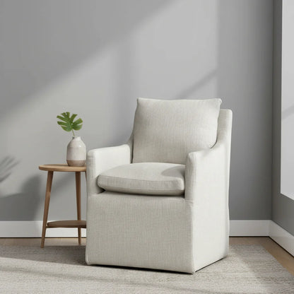 Linen Upholstered Dining Chair with 4 Casters, Ergonomic Armchair for Living Room Bedroom Office Reading