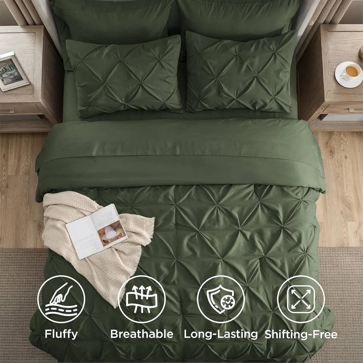 Full Comforter Set Olive Green Bed in a Bag Full Size 7 Pieces GentleSoft™ Pintuck Bed Set Gift for Family Pinch Pleat Olive Gre