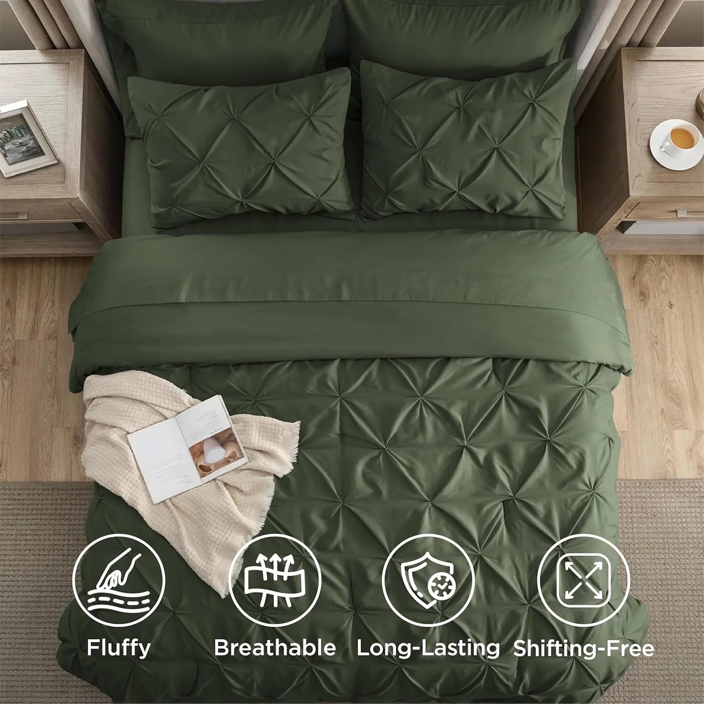 Full Comforter Set Olive Green Bed in a Bag Full Size 7 Pieces GentleSoft™ Pintuck Bed Set Gift for Family Pinch Pleat Olive Gre