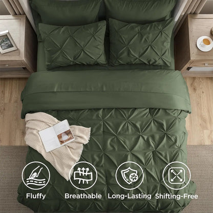 Full Comforter Set Olive Green Bed in a Bag Full Size 7 Pieces GentleSoft™ Pintuck Bed Set Gift for Family Pinch Pleat Olive Gre