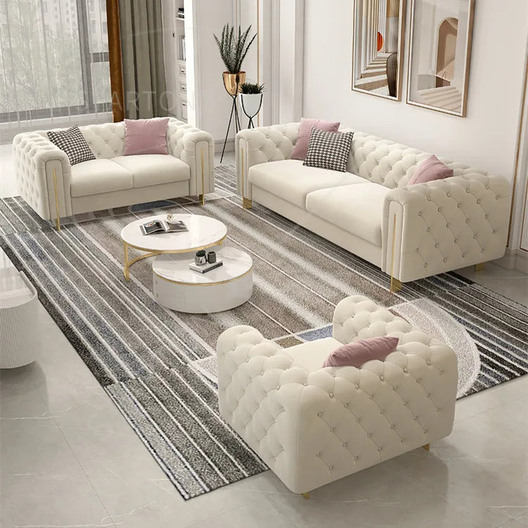 Customizable Modern Leather Combination Upholstered Couch White Sofa Living Room New Model Luxury Tufted Chesterfield-sofa Sets