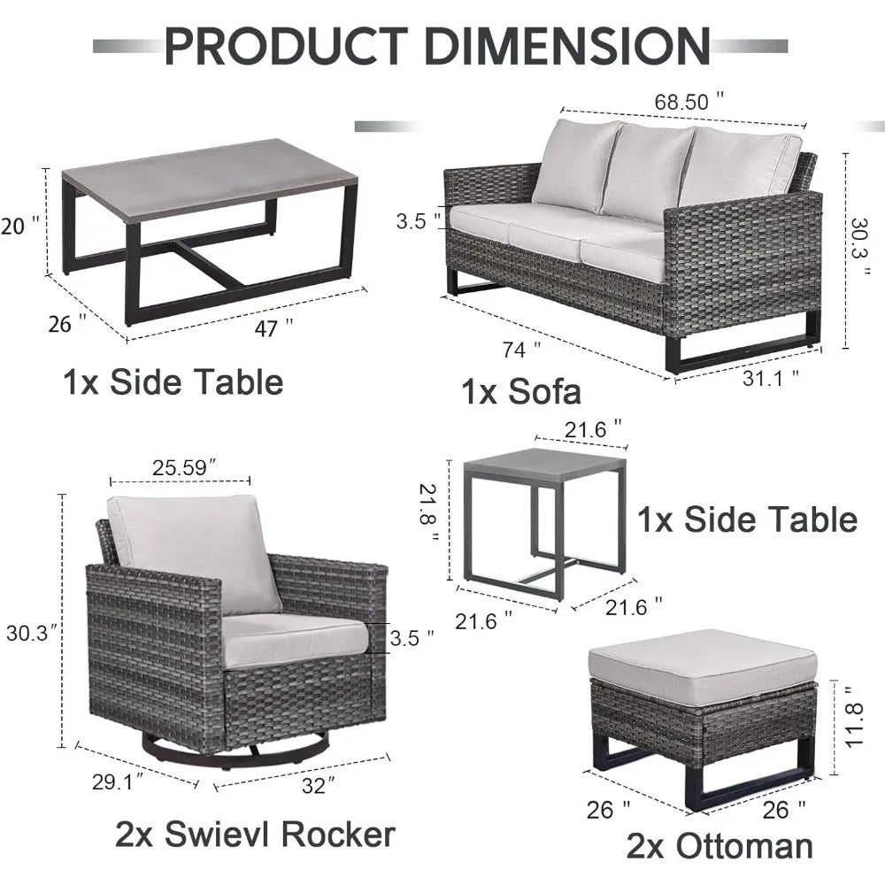 7 Piece Wicker Patio Furniture Set - Outdoor Swivel Rocker Chairs Set with Coffee Table, Side Table, 3 Seat Sofa & Ottomans, Sma