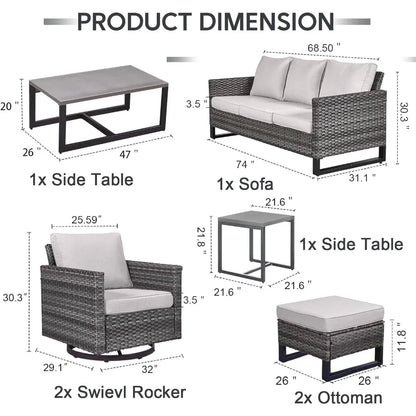 7 Piece Wicker Patio Furniture Set - Outdoor Swivel Rocker Chairs Set with Coffee Table, Side Table, 3 Seat Sofa & Ottomans, Sma