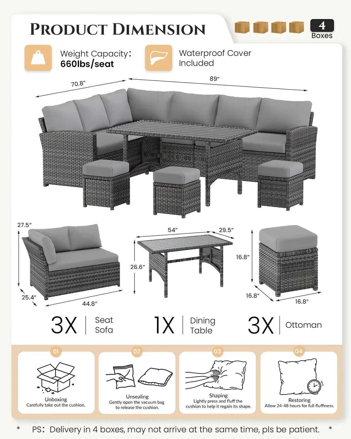 7 Pieces Patio Furniture Set with Waterproof Cover, Outdoor Sectional Sofa Conversation Set, All Weather Wicker, Customized
