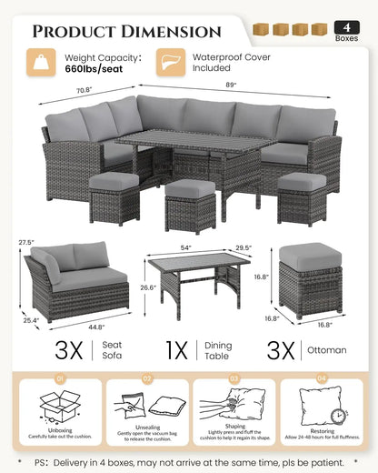 7 Pieces Patio Furniture Set with Waterproof Cover, Outdoor Sectional Sofa Conversation Set, All Weather Wicker, Customized