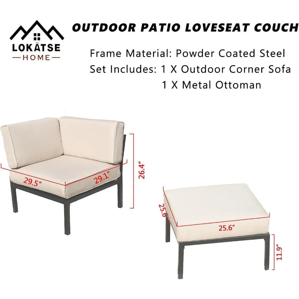 2 Piece Patio Furniture Set Sectional Balcony Corner Outdoor Loveseat Couch Armchiar Sofa with Ottoman Metal Steel Frame, Khaki