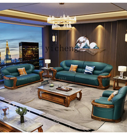 TQQ new Chinese ebony sofa villa large flat solid wood sofa high-end living room furniture leather sofa