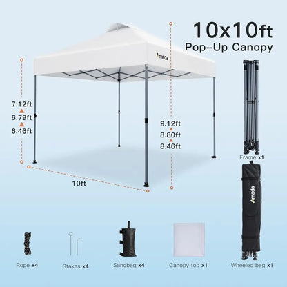 10x10 Center Lock Push Setup Outdoor Beach Tent with Carry Bag, 8 Stakes & 4 Sand Bags, Adjustable Shade Shelter