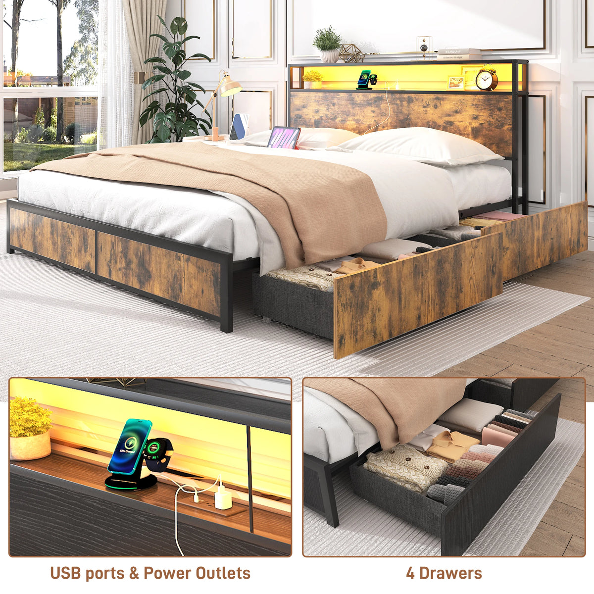LED Bed Frame Full/QueenKing Size with 2 USB Ports and Outlets, Platform Metal Bed Frame with 4 Storage Drawers and Headboard