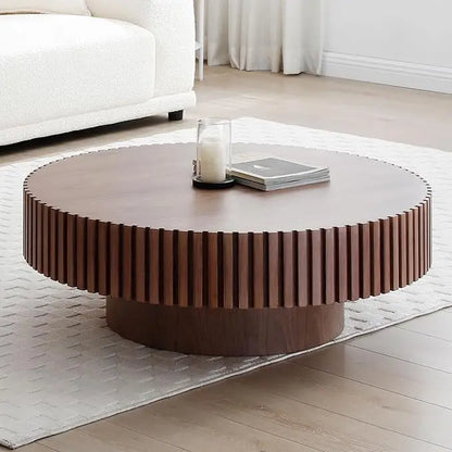 31.49" Walnut Round Coffee Table Wood, Modern Fluted Coffee Table for Living Room, Contemporary Low Circle Center Table Side Tab