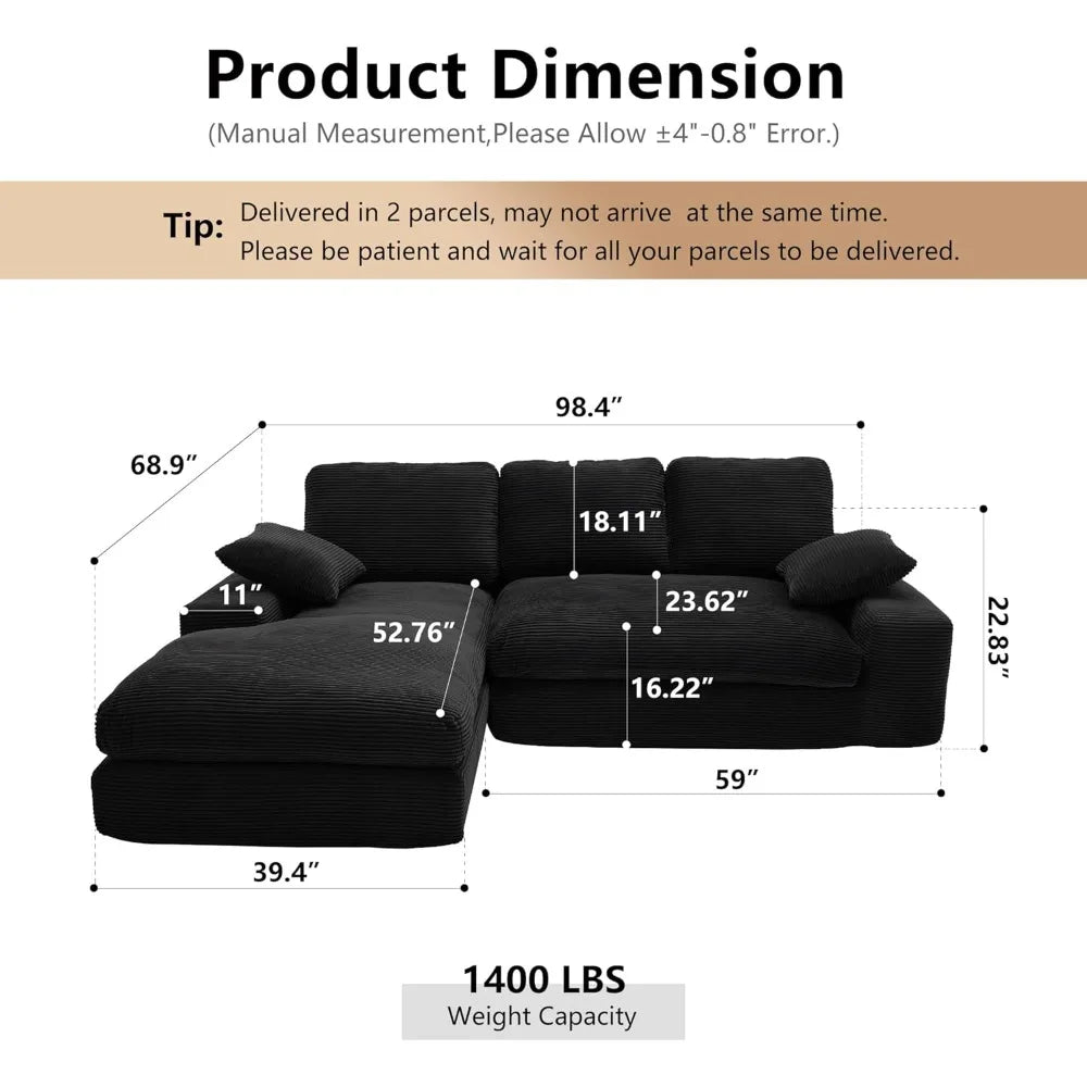Black Cloud 98.4-Inch Sectional Sofa Corduroy L-Shaped Modern Upholstered Couch with Chaise Modular Sectional