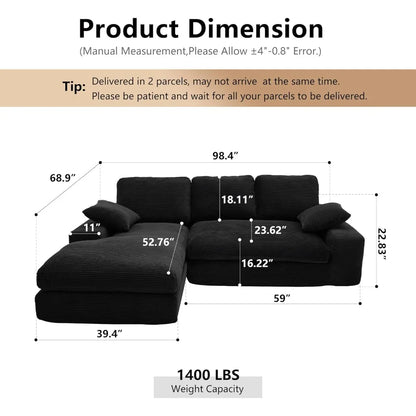 Black Cloud 98.4-Inch Sectional Sofa Corduroy L-Shaped Modern Upholstered Couch with Chaise Modular Sectional