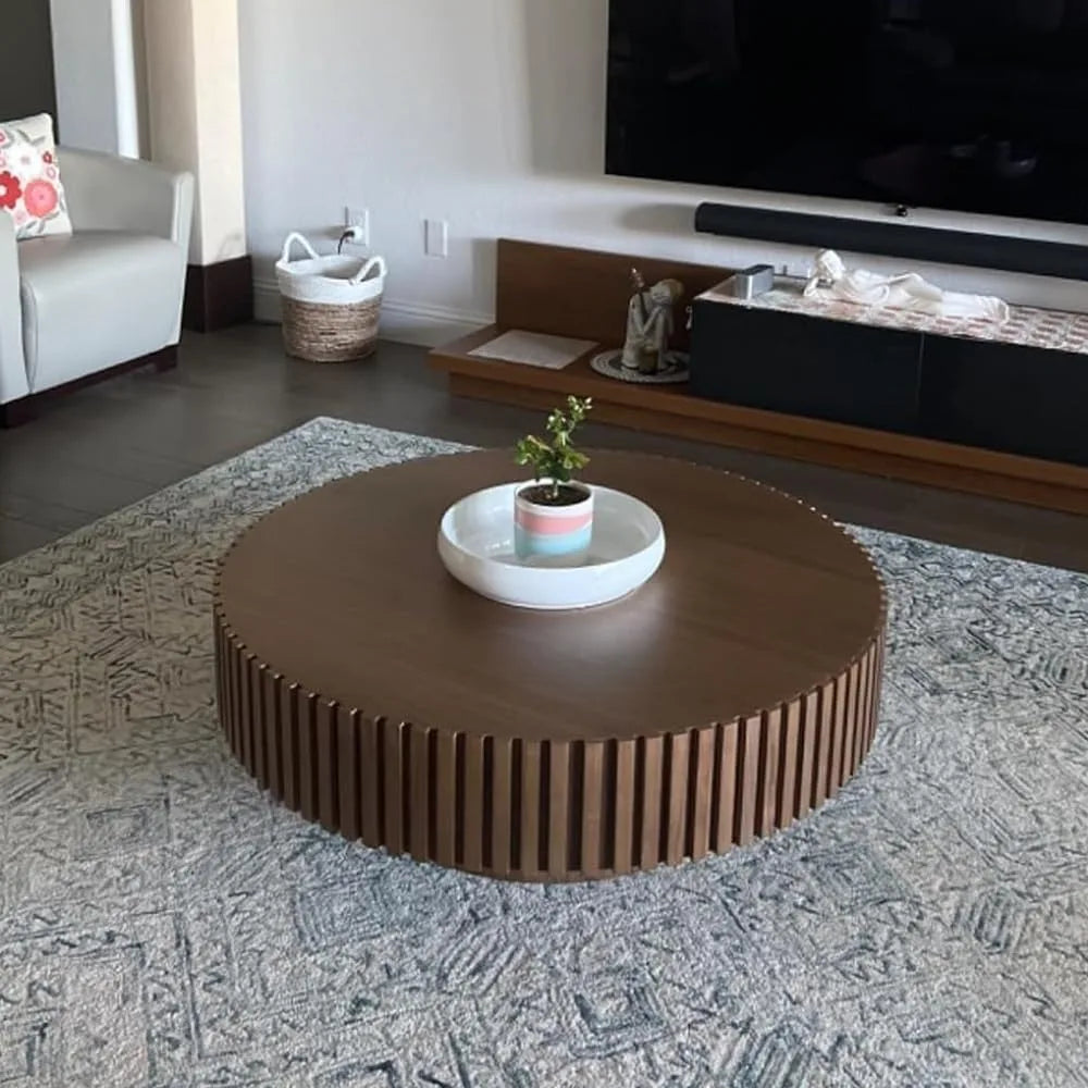 Walnut Round Coffee Table, Modern Luxury Wood Circle Drum Center Table for Living Room, Accent Side End Tea